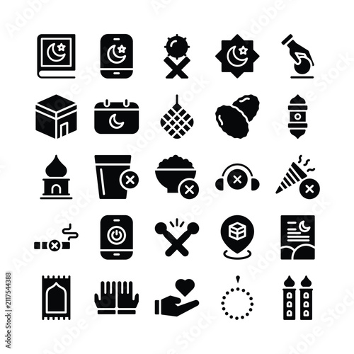 Ramadan icon set featuring Islamic worship, prayer, charity, fasting, and mosque elements in glyph solid style Ideal for Ramadan, education, community, and religious projects