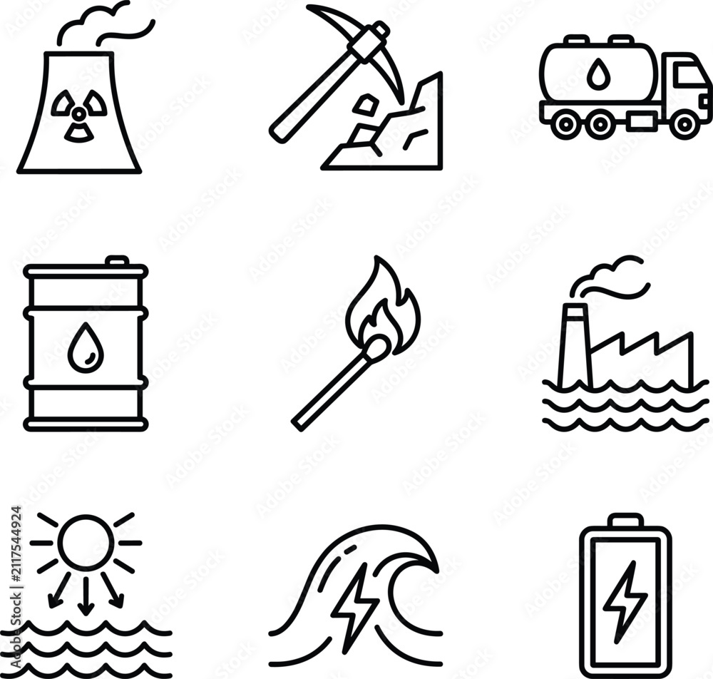 Fototapeta premium Industrial energy and power generation line icon set with nuclear factory oil barrel solar and battery