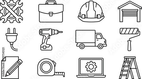 Construction and home renovation line icon set with tools repair service engineering and maintenance equipment