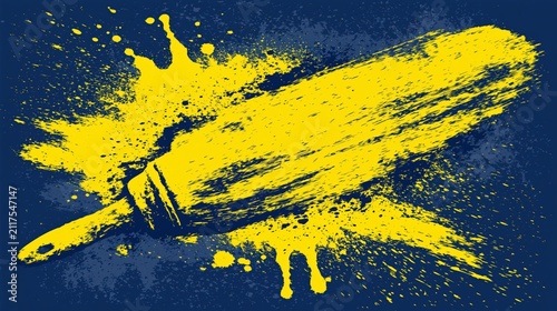 Broad paintbrush stroke with vibrant yellow paint splashing outwards against a dark blue background.