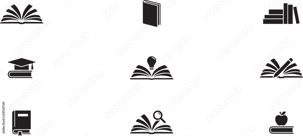 Fototapeta premium Set of black silhouette book icons representing learning, knowledge. silhouette vector illustration