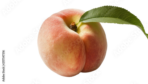 Картината върху платно Ripe fuzzy peach with green leaf, isolated on transparent background