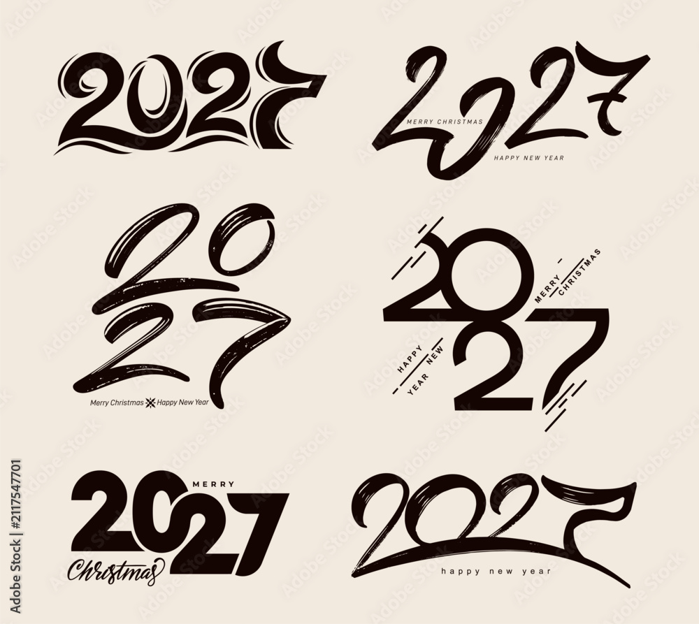 Obraz premium Collection of Happy New Year 2027. Handwritten Happy New Year 2027 lettering with festive calligraphy, decorative sparkles and editable vector typography. 2027 number logo.