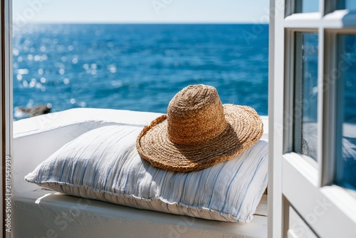 A white built-in bench on a coastal villa terrace and straw hat on cushion, framed through an open doorway or window.