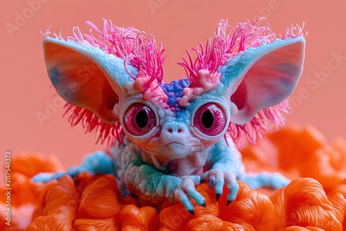 Colorful creature rests on bright orange flowers with a pink background during daytime