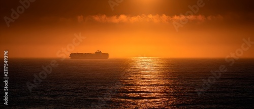 A large cargo ship sails across a calm ocean under a dramatic orange sunset. The sun's reflection shimmers on the water, creating a serene and majestic scene