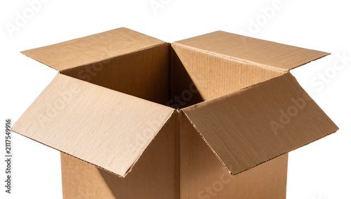 Obraz na płótnie Open cardboard box with flaps extended, isolated on transparent background