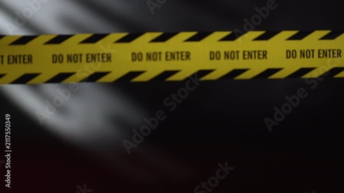 Rack Focus Shifting from Blurry Slanted Window Streak Shadow to Clear Do Not Enter Caution Tape at Dark Room Crime Scene at Night, Ominous Creepy Mood with Flashing Police Siren⁠
