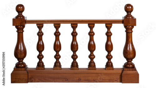 Ornate wooden balustrade with turned spindles and finials, isolated on transparent background