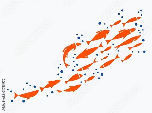 A shoal of stylized orange geometric fish swims upwards in unison, surrounded by a pattern of blue halftone-style dots on a textured white background.