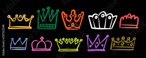Grafitti Bold Colorful Crown Sticker Set. Queen and King Crown Icon Kit. Graffiti Baby Crown Collection. Hand Drawn Vector Illustration