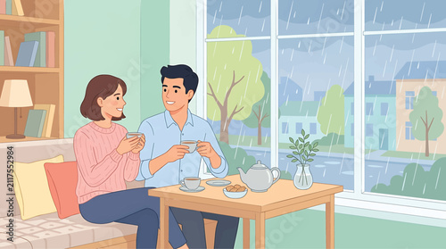 Cozy couple drinking tea at home on a rainy day, young man and woman talking by the window, flat vector illustration of indoor comfort