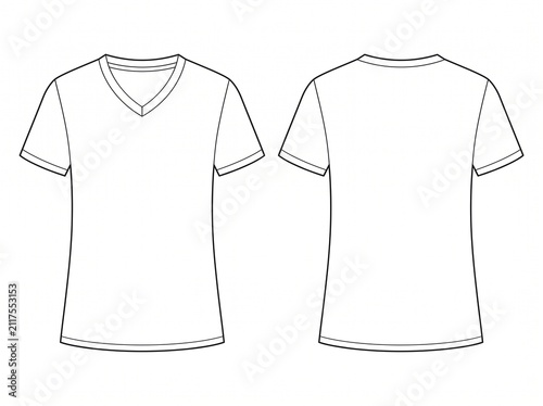 Women deep v-neck short sleeve tee technical CAD flat drawing showing slim silhouette front and rear perspective