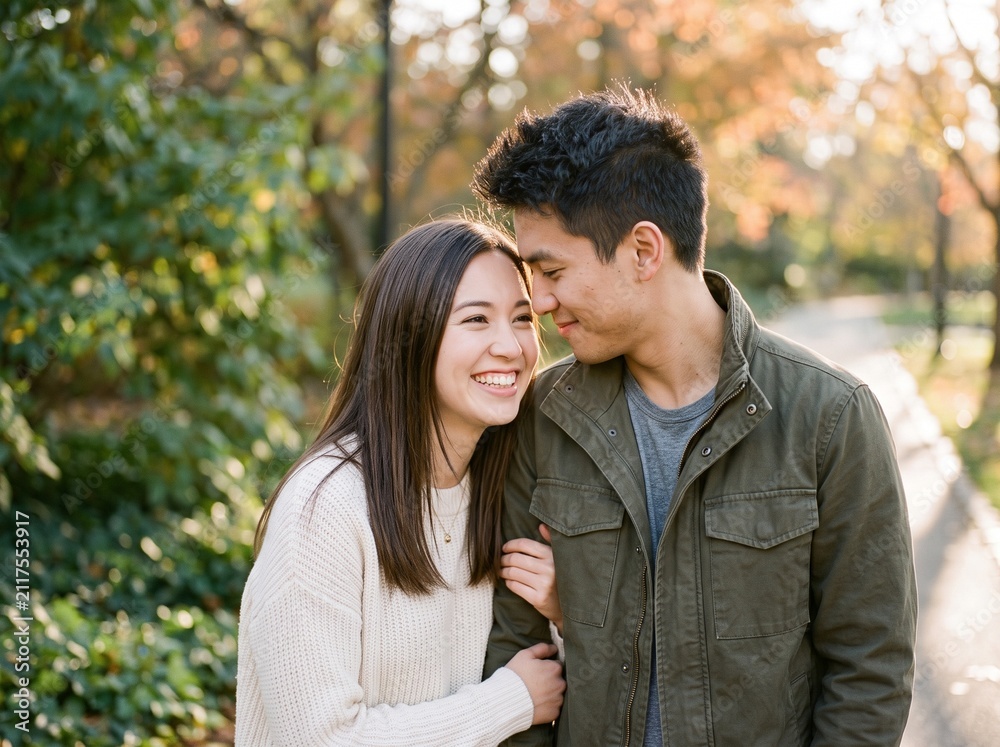 Fototapeta premium Young couple walking together in a sunny park with autumn trees