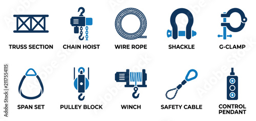 Set of industrial rigging equipment icons including truss chain hoist wire rope shackle and winch tools Minimal solid fill icon set bundle collection. Editable Vector Illustration Mega pack