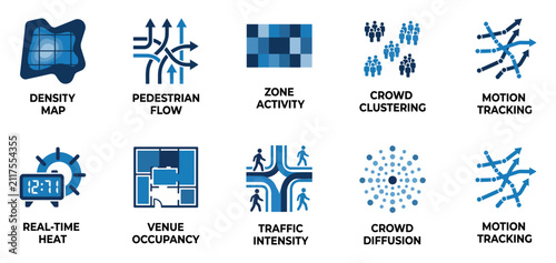 Fotografie Set of ten vector icons showing crowd analytics and pedestrian movement tracking and traffic flow data Minimal solid fill icon set bundle collection