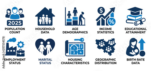 Set of ten demographic data and population statistics icons showing social trends and human figures Minimal solid fill icon set bundle collection. Editable Vector Illustration Mega pack