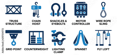 Obraz na płótnie Set of ten industrial stage rigging equipment icons including truss hoist shackle and motor controller Minimal solid fill icon set bundle collection