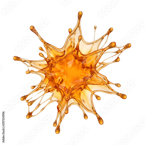 Dynamic splash of orange translucent slime with gooey droplets, isolated graphic element on pure transparent background