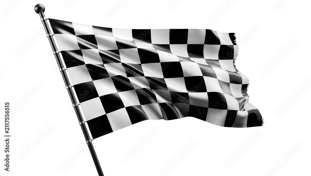 Waving checkered racing flag on pole, isolated on transparent background