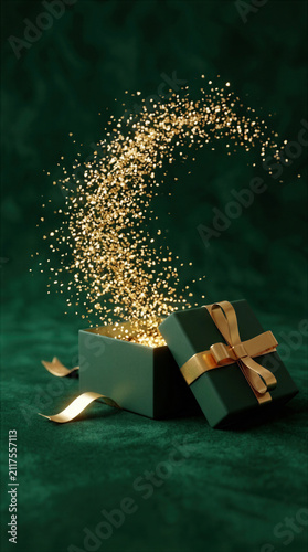 Magical Christmas banner with open green gift box and glowing golden glitter on velvet