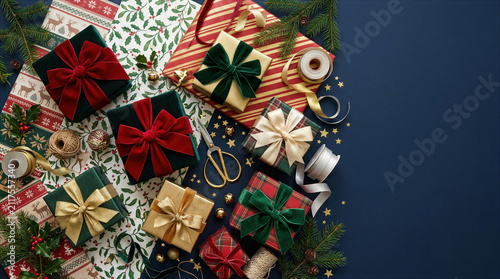 Elegant Christmas banner with wrapped gifts, velvet bows, and festive decorations on dark blue background