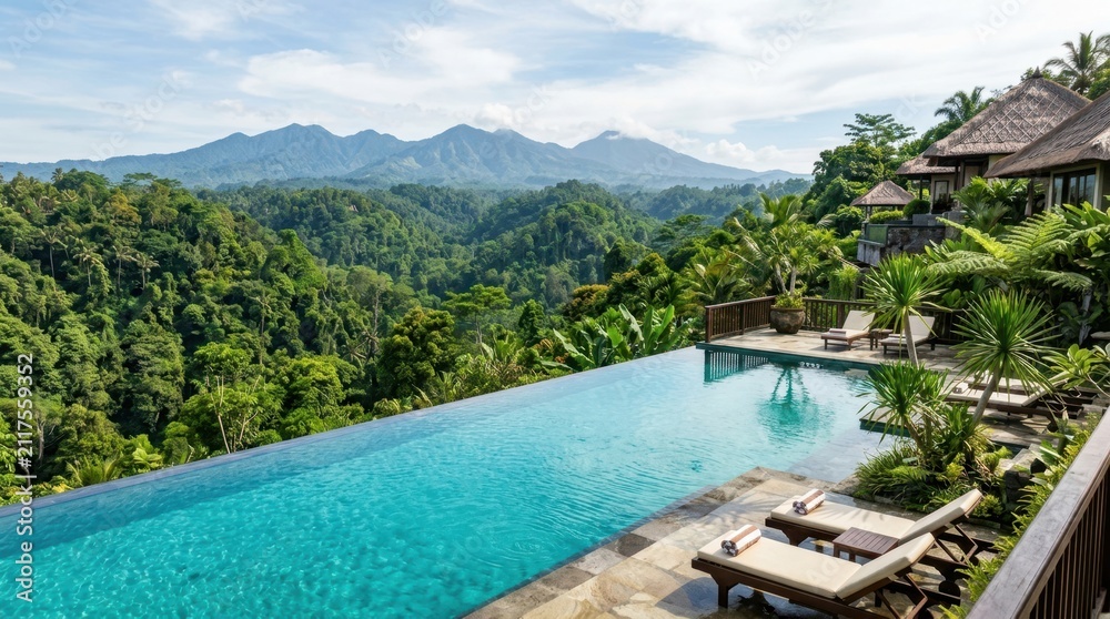 Fototapeta premium Luxury infinity pool overlooking lush green jungle and distant mountains