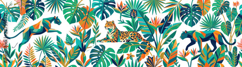 Принти на полотні Vibrant Tropical Jungle Pattern with Abstract Big Cats