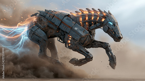 Mechanical horse running across futuristic battlefield, armor plates and energy trails, dust and sparks, epic action composition