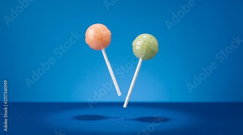 Two colorful lollipops floating in the air against a vibrant blue background.