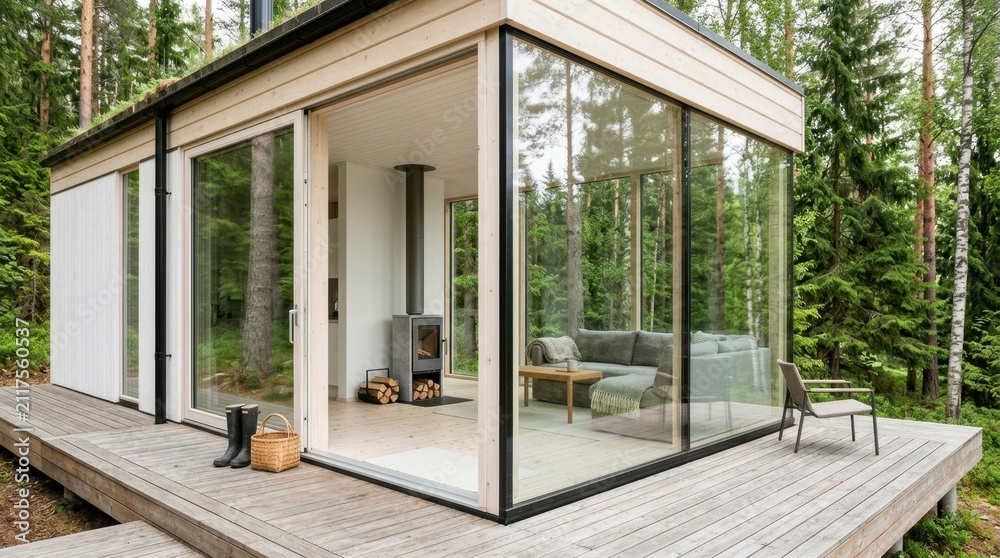 Obraz premium Modern forest cabin with large glass windows and wooden deck in a serene woodland setting