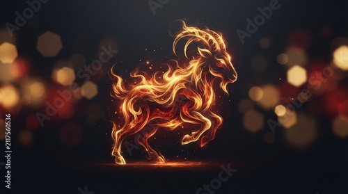 Fiery Goat Silhouette with Flames and Glowing Bokeh Background. 2027 New Year’s Concept 