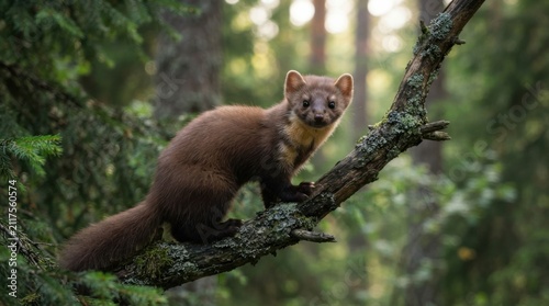 Marten Climbing on a Branch in a Lush Green Forest