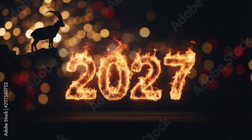 Fiery 2027 Celebration with Silhouette of Goat. 2027 New Year’s Concept 