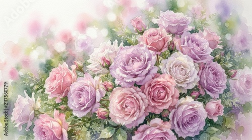 Beautiful Bouquet of Pink and Purple Roses in Soft Palette