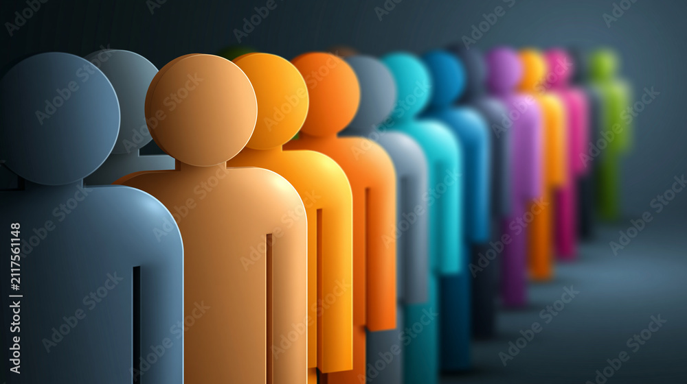Obraz premium Colorful representation of unity and diversity, an abstract group of figures standing together in a row, with copy space