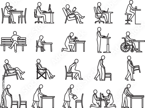Collection of simple line drawings depicting various human postures and activities, including sitting, standing, and working, presented in a clean, organized grid.