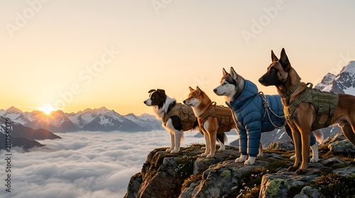 Four Dogs in Profile Watching Sunrise Over Peaks