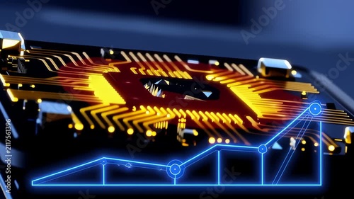 Close-up of a glowing orange and yellow electronic circuit board with a blue digital graph overlay indicating growth