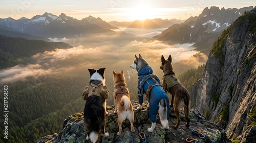 Dog Expedition Team Overlooking Vast Mountain Valley
