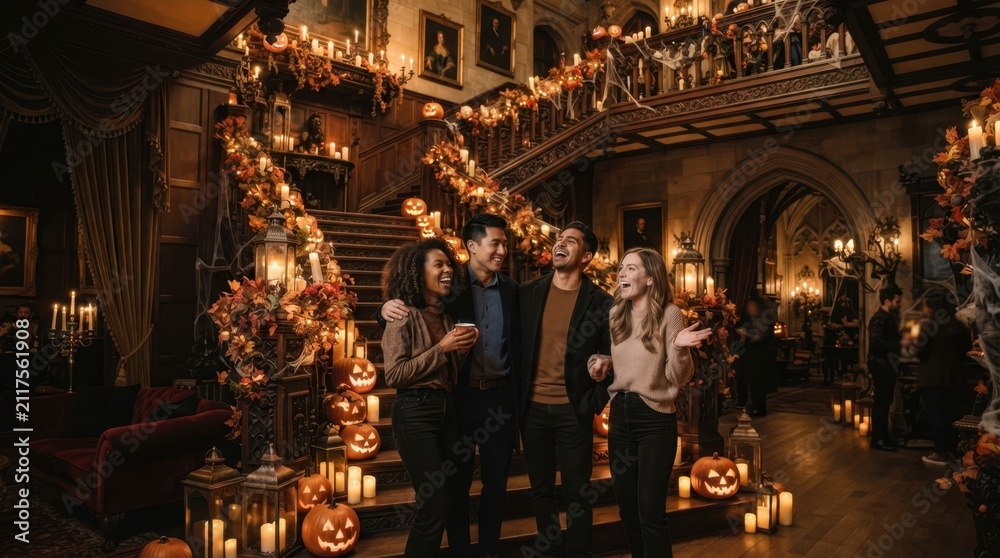 Obraz premium Friends laughing and celebrating Halloween in a grand, spooky decorated mansion