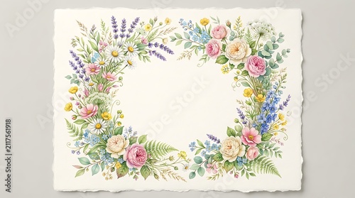 Watercolor floral wreath frame with roses, daisies, and lavender