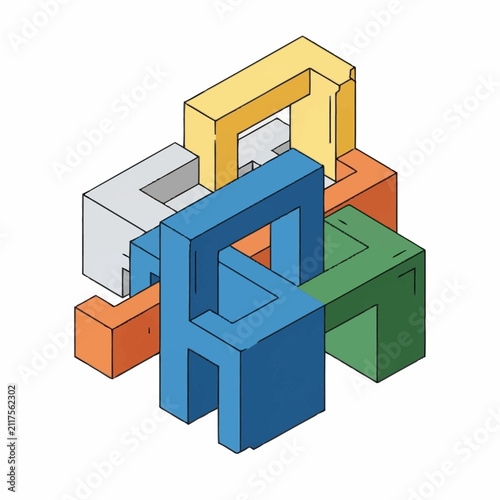 Colorful interlocking geometric shapes forming a 3D puzzle structure.