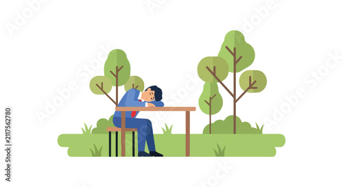 Canvastavla A man in a professional suit is taking a nap at a wooden desk situated in a peaceful green park with several stylized trees