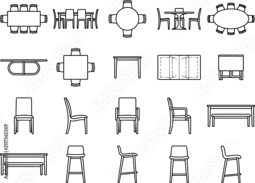 A collection of various table and chair designs, including dining tables, bar stools, and office chairs, presented as clean architectural line drawings.