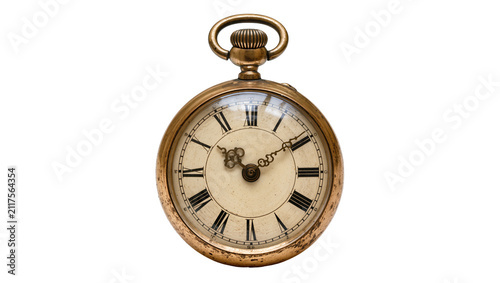 Antique gold pocket watch with Roman numerals, isolated on transparent background