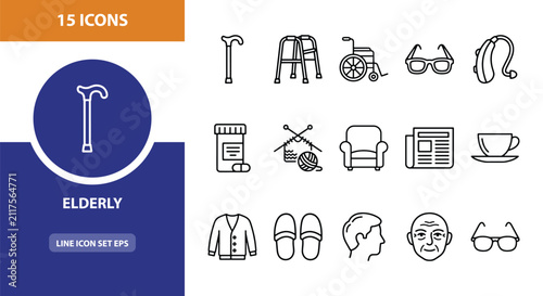 15 Elderly linear icon set cane walker wheelchair glasses hearing aid, UI and web interface design