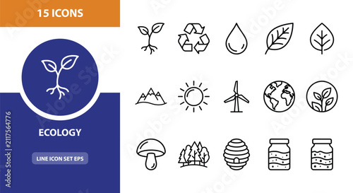 15 Ecology linear icon set plant sprout recycle water drop leaf mountain sun wind turbine earth mushroom trees egg jars, UI and web interface design