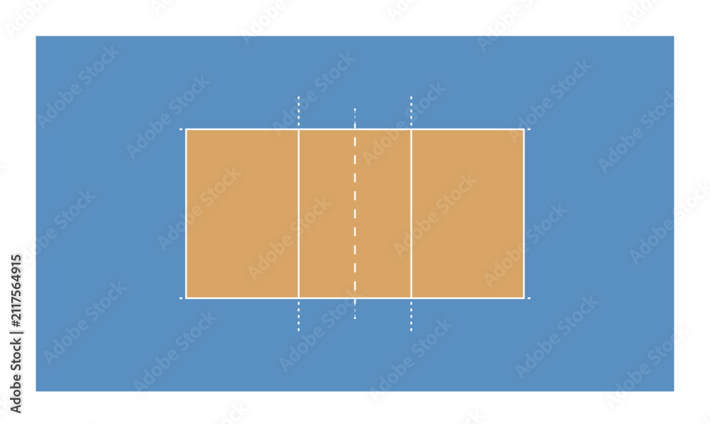 Fototapeta premium Top view of volleyball court , indoor arena with net, white markings on orange and blue floor, overhead perspective showing game area for match, sports field, stadium background. Vector illustration