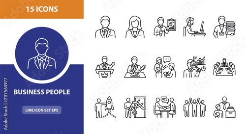 15 Business People linear icon set, UI and web interface design